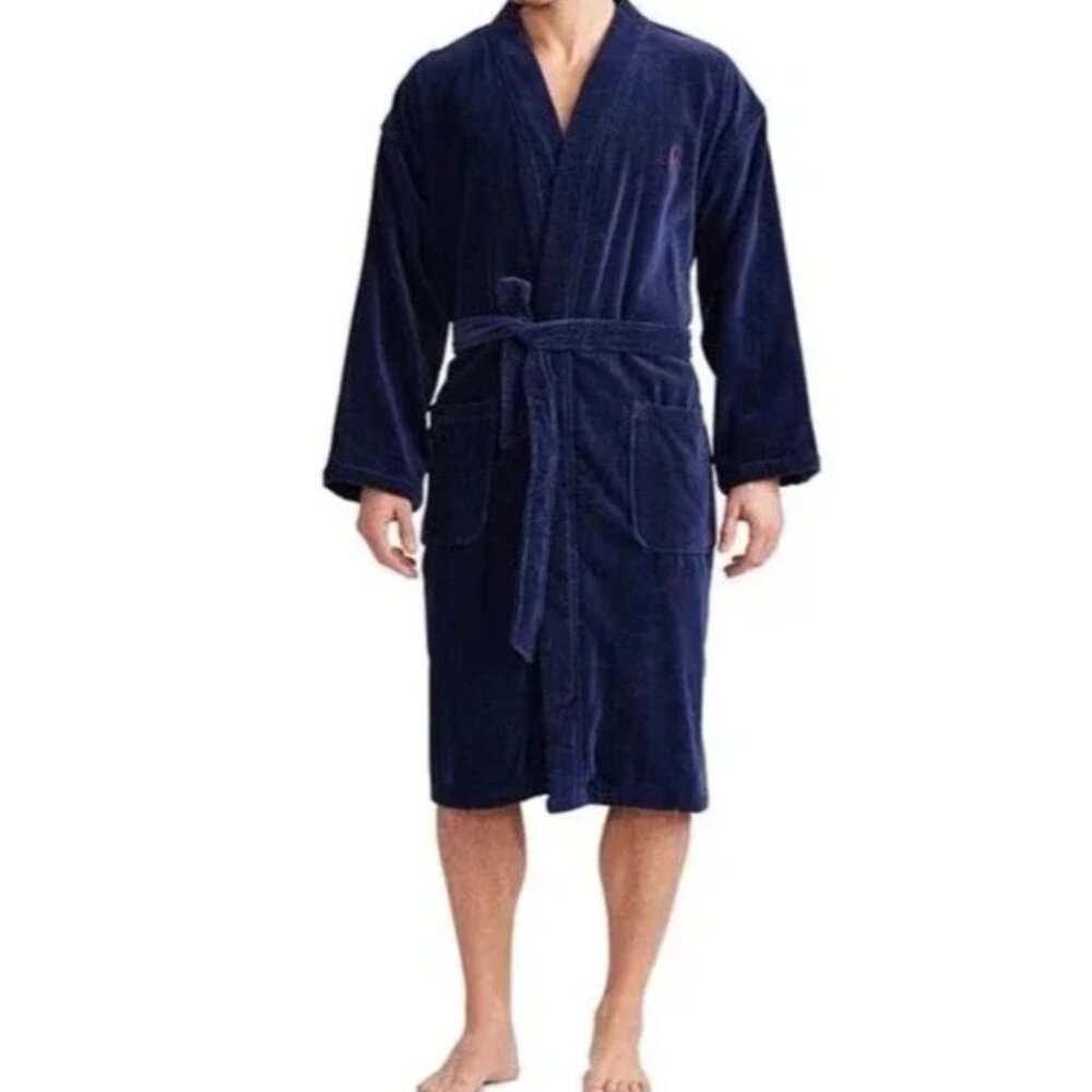 Polo Ralph Lauren Bath Robe Velvet Heavyweight Belted Pockets Navy Blue New NWT